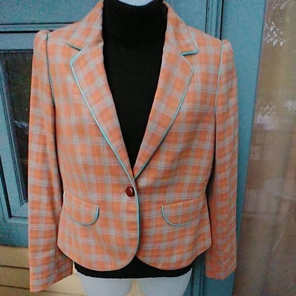 Preppy Penguin Salmon Turquoise Plaid Blazer - Picture 1 of 7